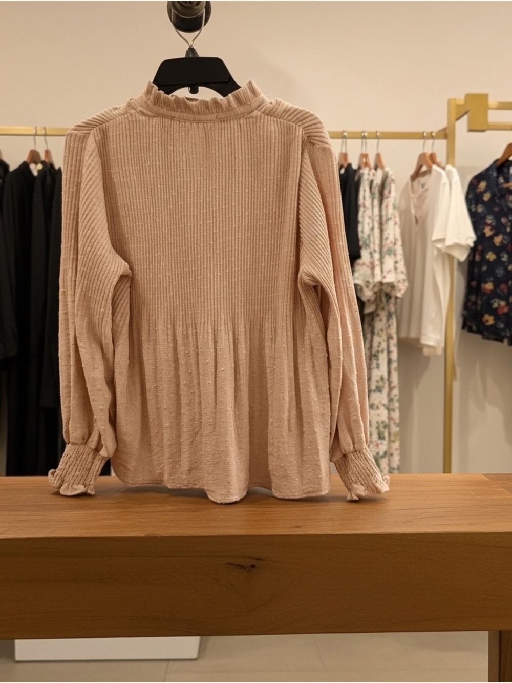 Cactus + Pearl NWOT Blush Swiss Dot Mock Neck Peplum Blouse Small